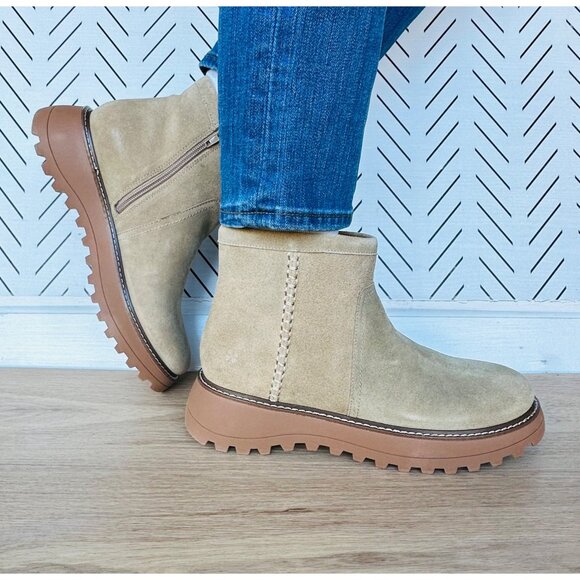 ⭐Lucky Brand Womens Suede Ankle Boots 7.5 Chameli Leather Platform Beige Booties - Picture 3 of 8